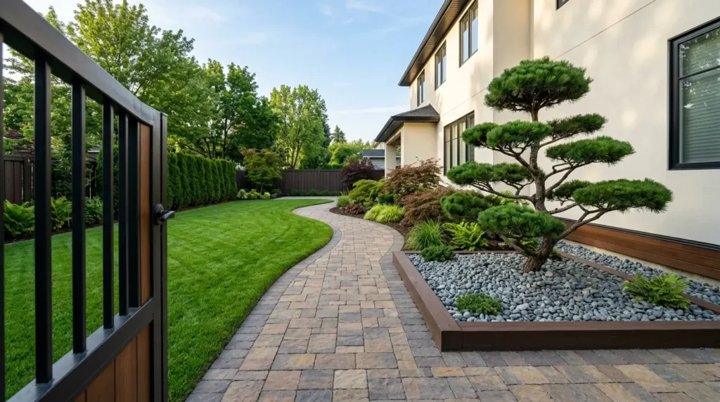 Vue de face d'une entrée latérale moderne avec un chemin de pierre incurvé, une pelouse verte, un parterre de jardin bordé de brun foncé et une maison couleur crème clair. Vue de face d'une entrée latérale moderne avec un chemin de pierre incurvé, une pelouse verte, un parterre de jardin bordé de brun foncé et une maison couleur crème clair.