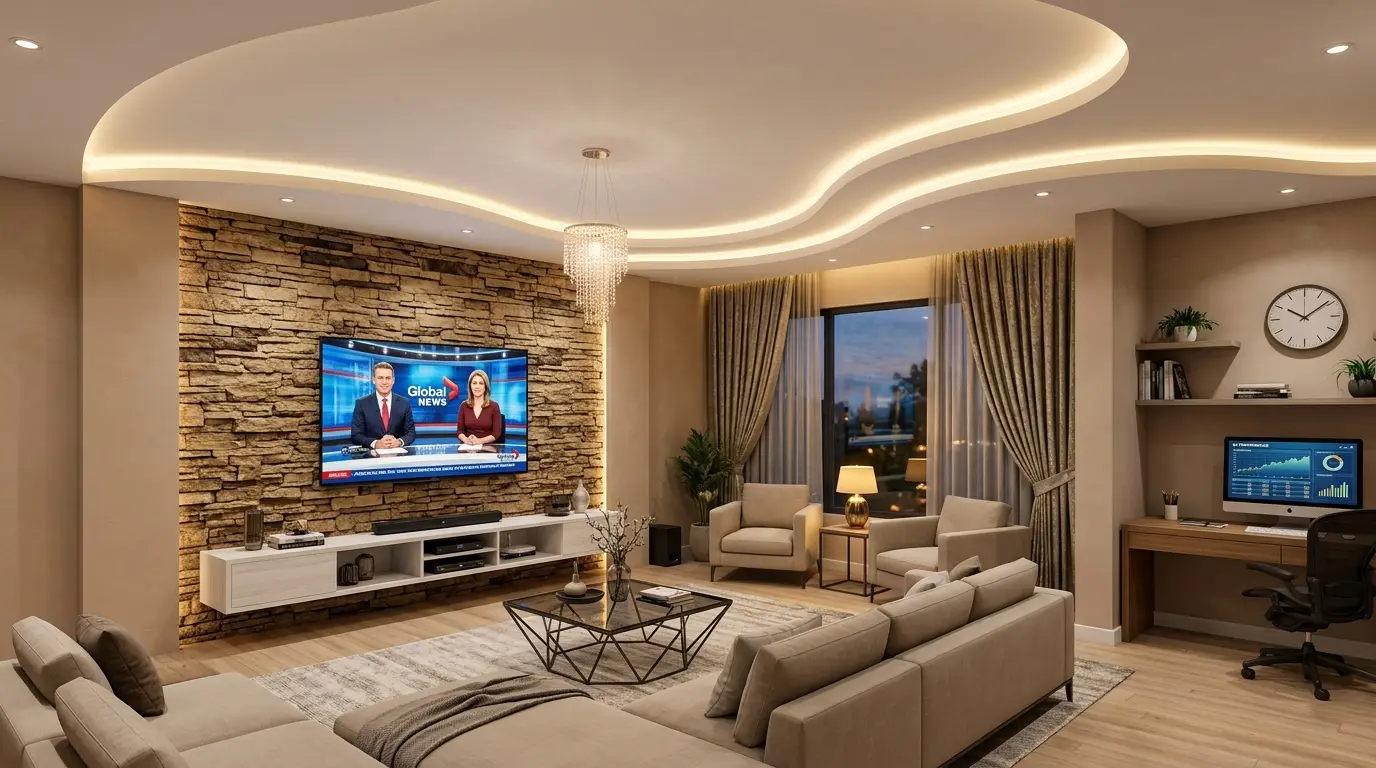 Modern multi-functional living room featuring a wave-shaped white false ceiling with LED lighting, a tan stack-stone media wall, and an integrated corner workspace. Modern multi-functional living room featuring a wave-shaped white false ceiling with LED lighting, a tan stack-stone media wall, and an integrated corner workspace.