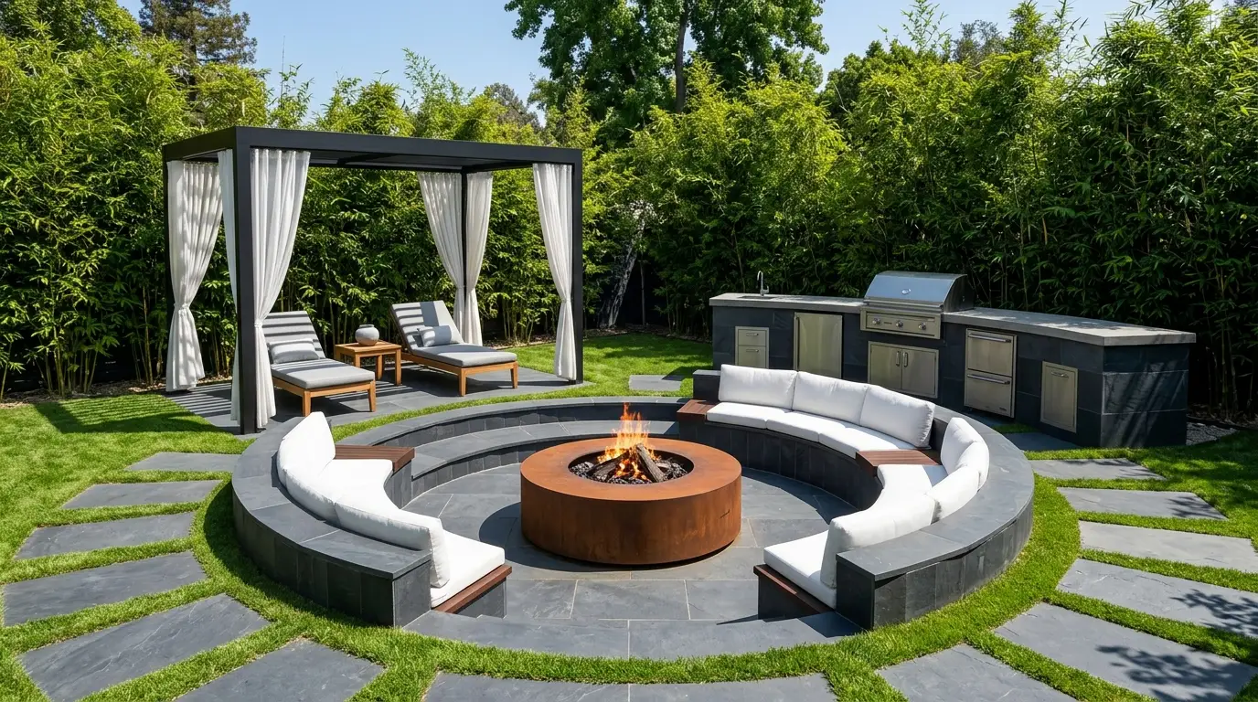 A modern outdoor fire pit and kitchen built with dark charcoal slate stone, surrounded by tall bamboo privacy screens and white cushions.