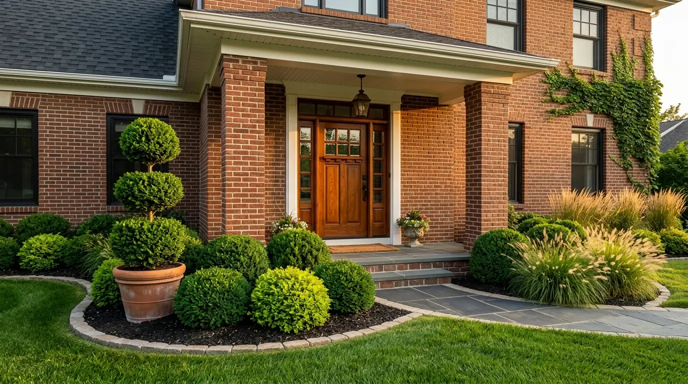 A traditional suburban front porch featuring a triple-tiered spherical topiary, brick pillars, a warm-wood door, and perfectly round green shrubs at sunset.