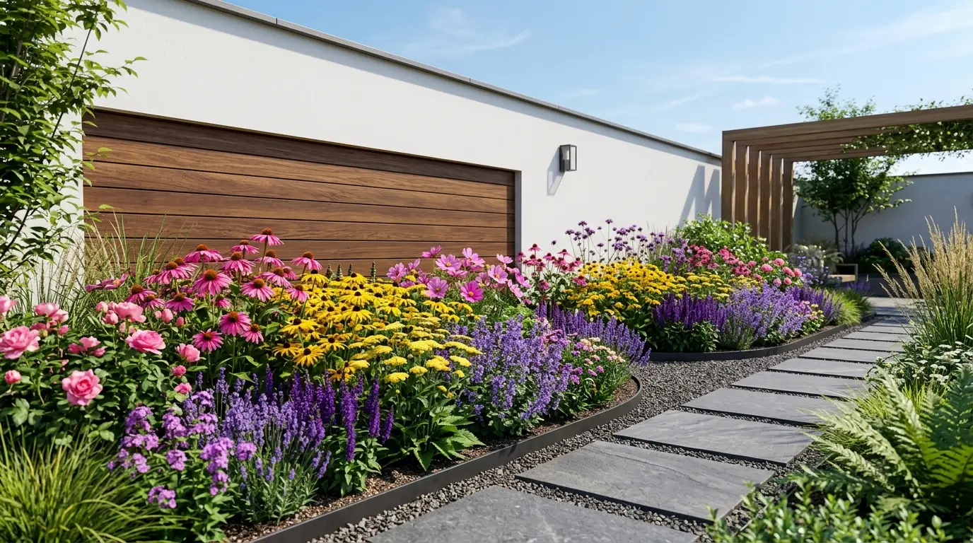 Modern garden backdrop with white walls, brown wooden panels, and vibrant floral displays.