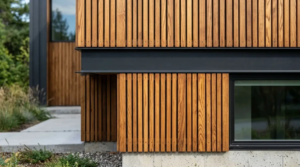 Close-up of modern home exterior showing vertical wood slat siding intersecting with matte black steel.