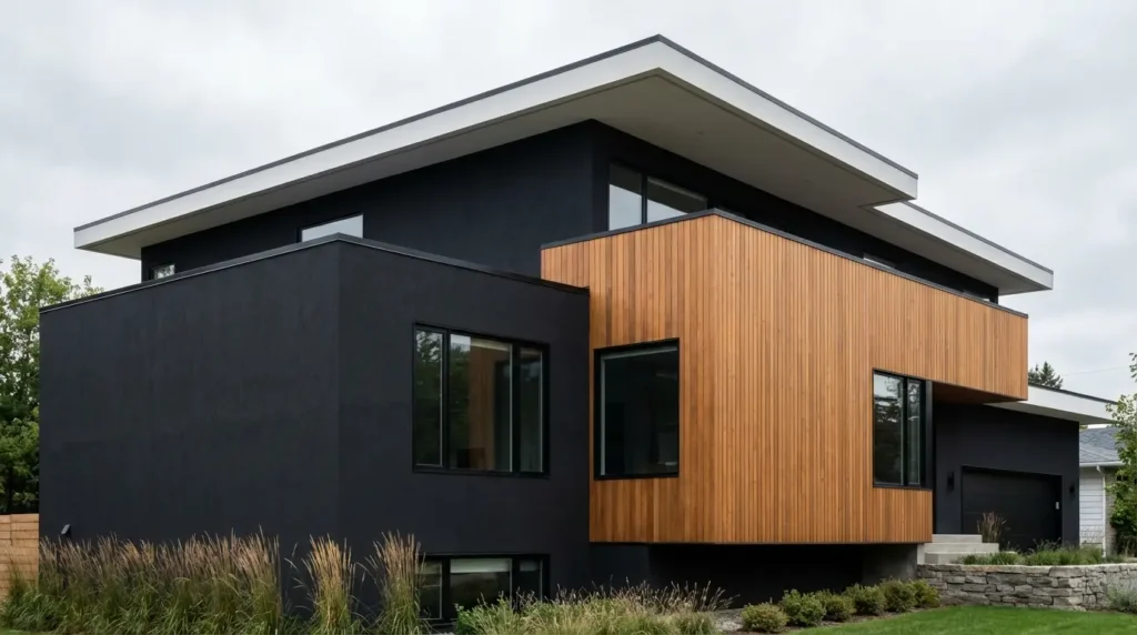Modern house exterior with charcoal black stucco, cedar wood siding, and crisp white roof trim. Modern house exterior with charcoal black stucco, cedar wood siding, and crisp white roof trim.