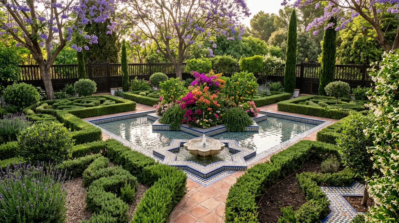 An intricate knot garden parterre made of manicured rosemary, lavender, and thyme intersecting mosaic tile pathways around a pond.