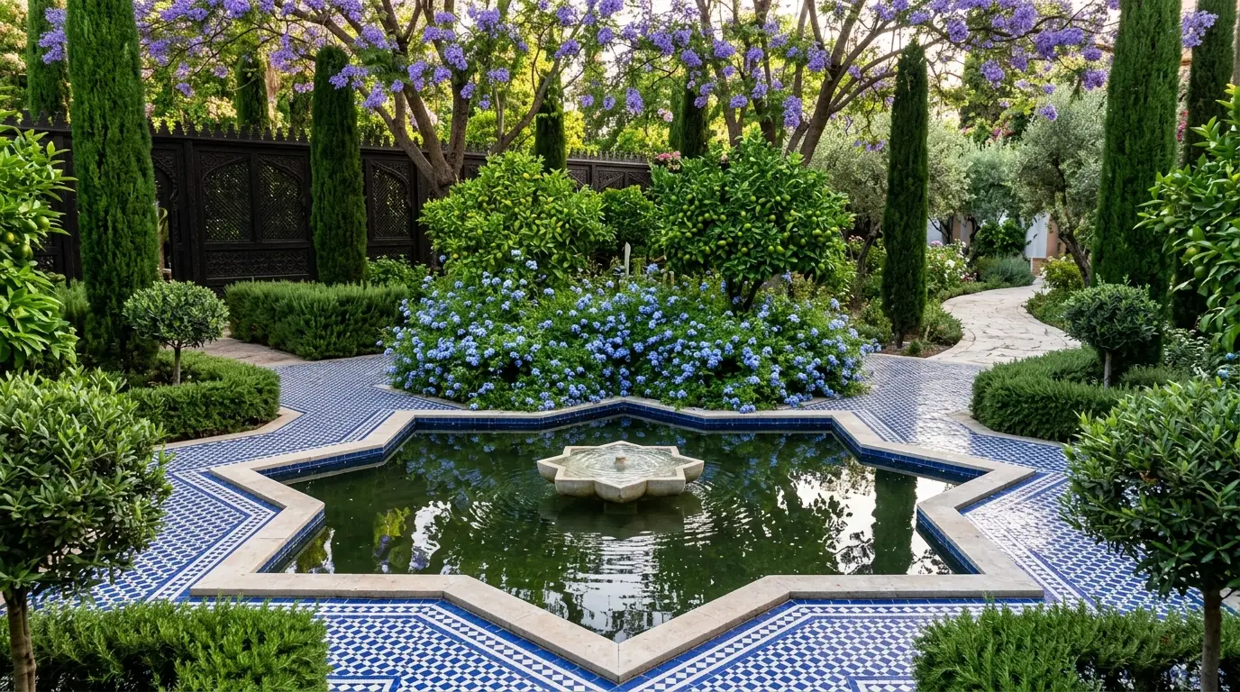 An Andalusian garden exploring a monochromatic blue palette with cascading blue plumbago, cobalt mosaic tiles, and blooming jacaranda trees.