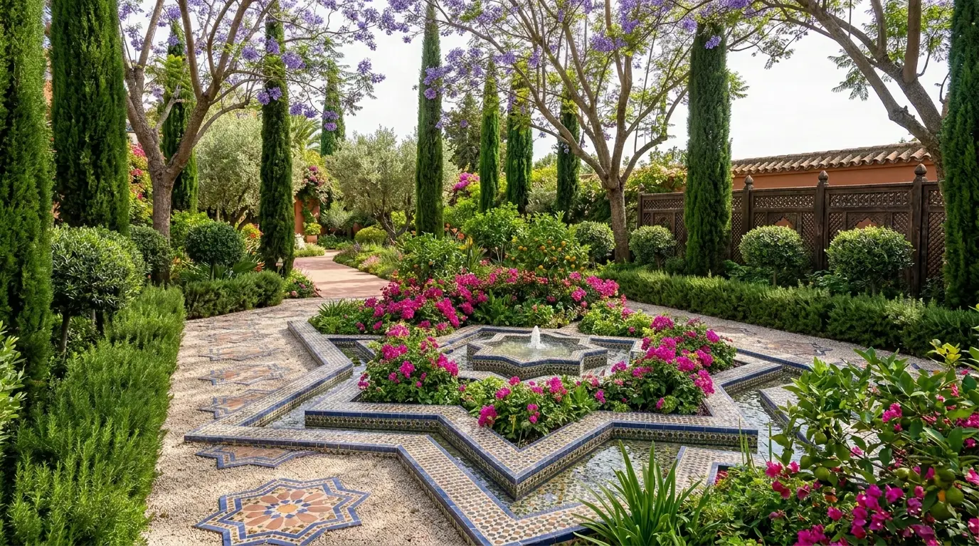 Pale decomposed granite gravel pathways inset with decorative mosaic tile stepping stones surrounding a courtyard pond.