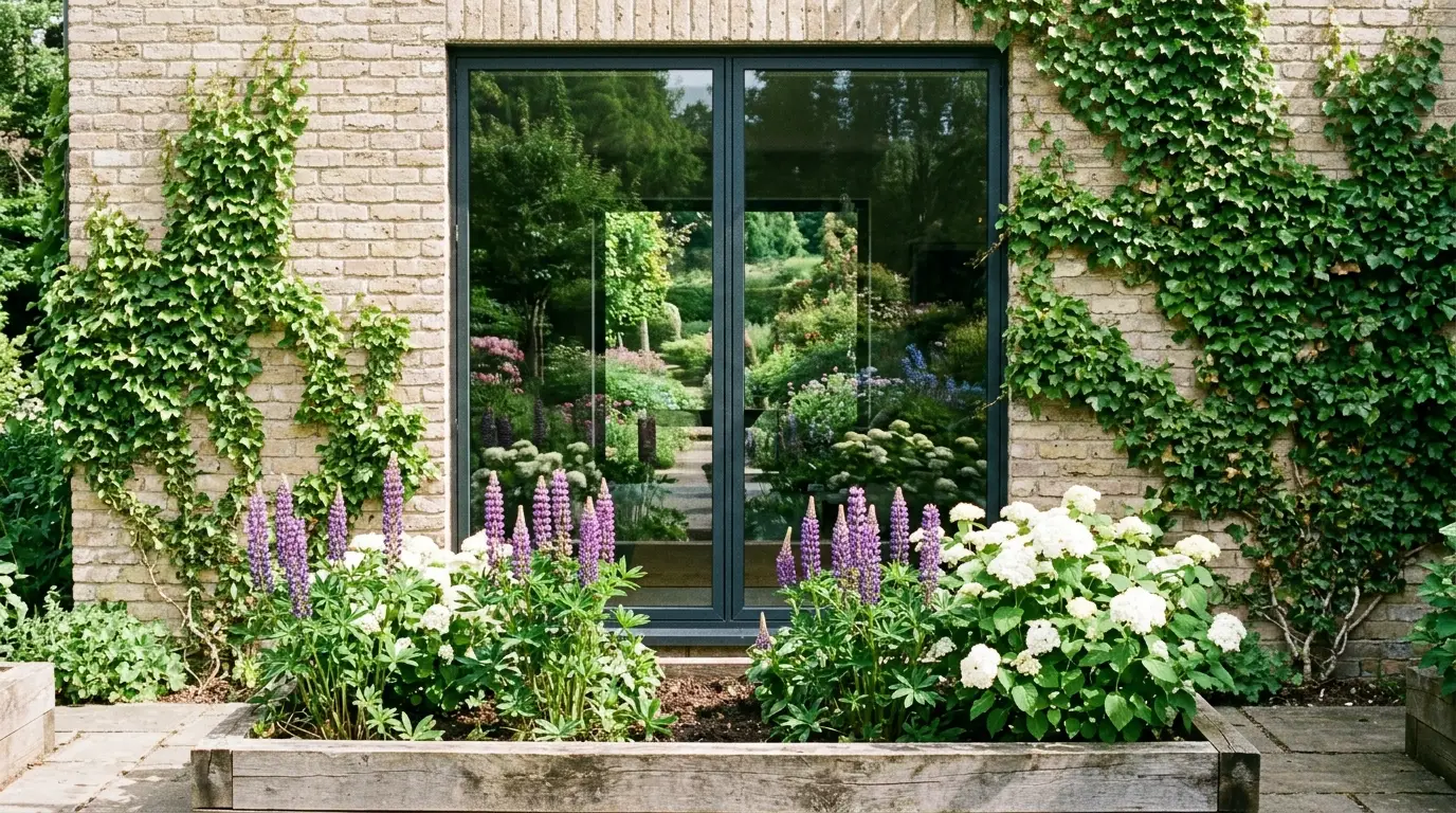Green ivy climbing a beige brick wall behind vibrant purple lupines and white hydrangeas.