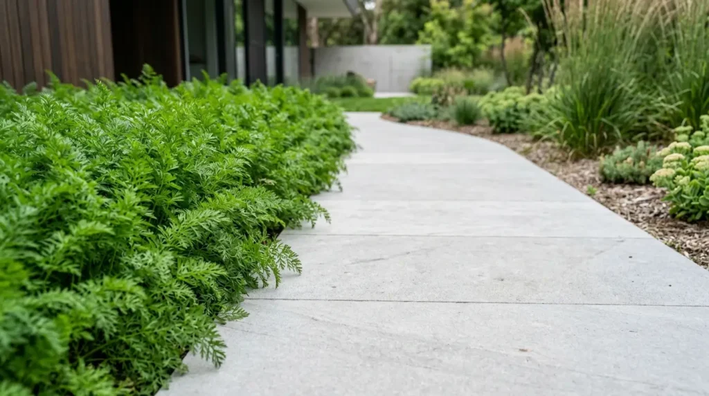 Modern limestone garden pathway bordered by lush, feathery green carrot tops acting as ornamental foliage. Modern limestone garden pathway bordered by lush, feathery green carrot tops acting as ornamental foliage.