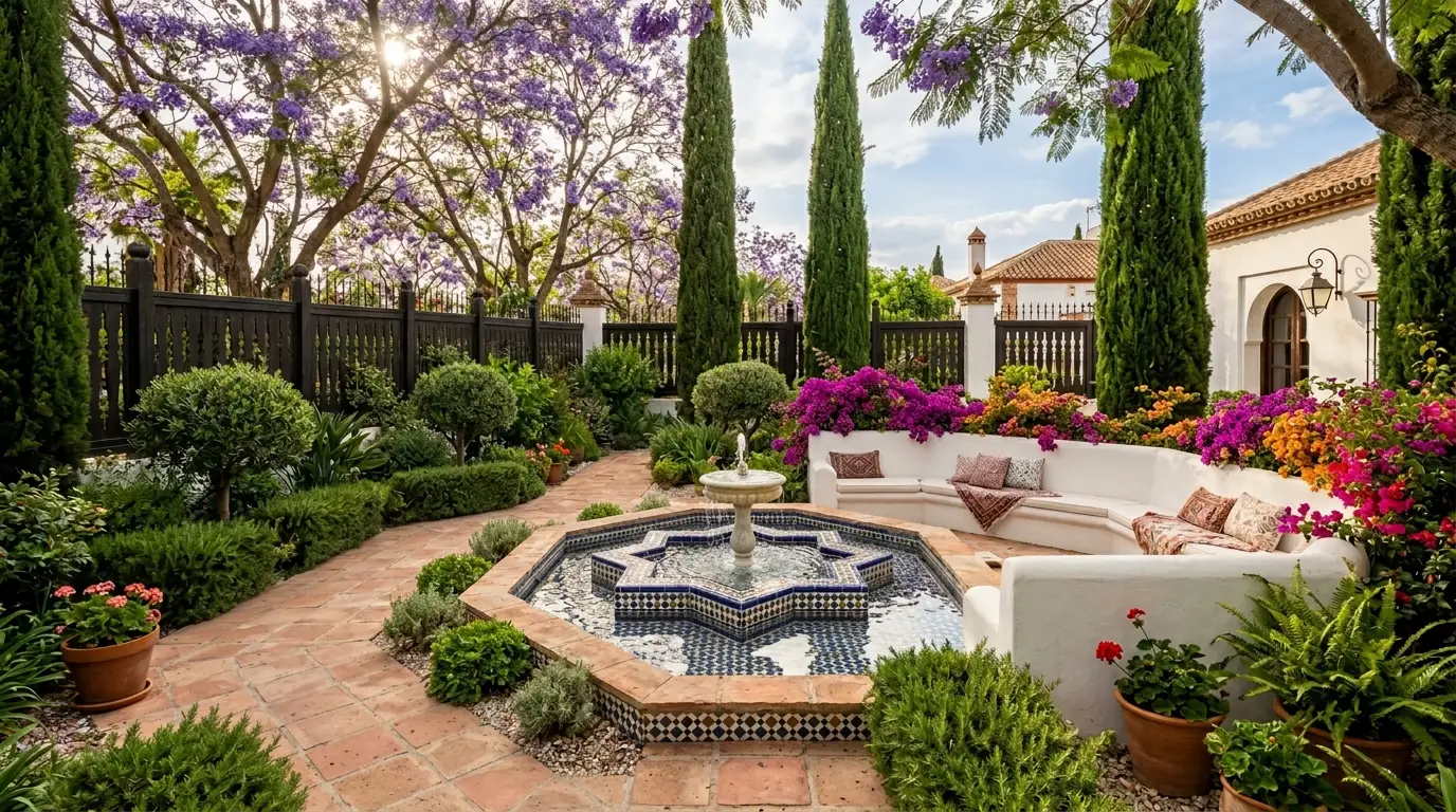 A sunken backyard lounge area with built-in white stucco benches surrounding an Andalusian star-shaped courtyard pond.