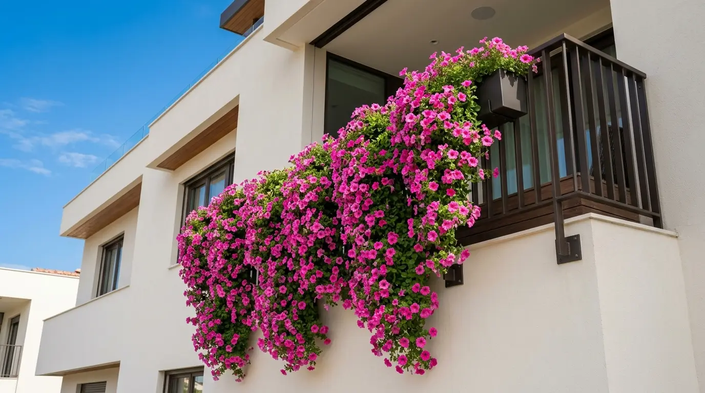 A massive waterfall of pink petunias cascading down from a modern second-story balcony.