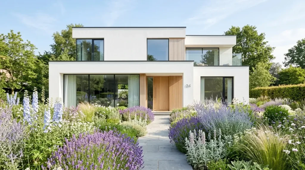 Crisp white modern house facade surrounded by a soft pastel meadow of lavender and delphiniums. Crisp white modern house facade surrounded by a soft pastel meadow of lavender and delphiniums.