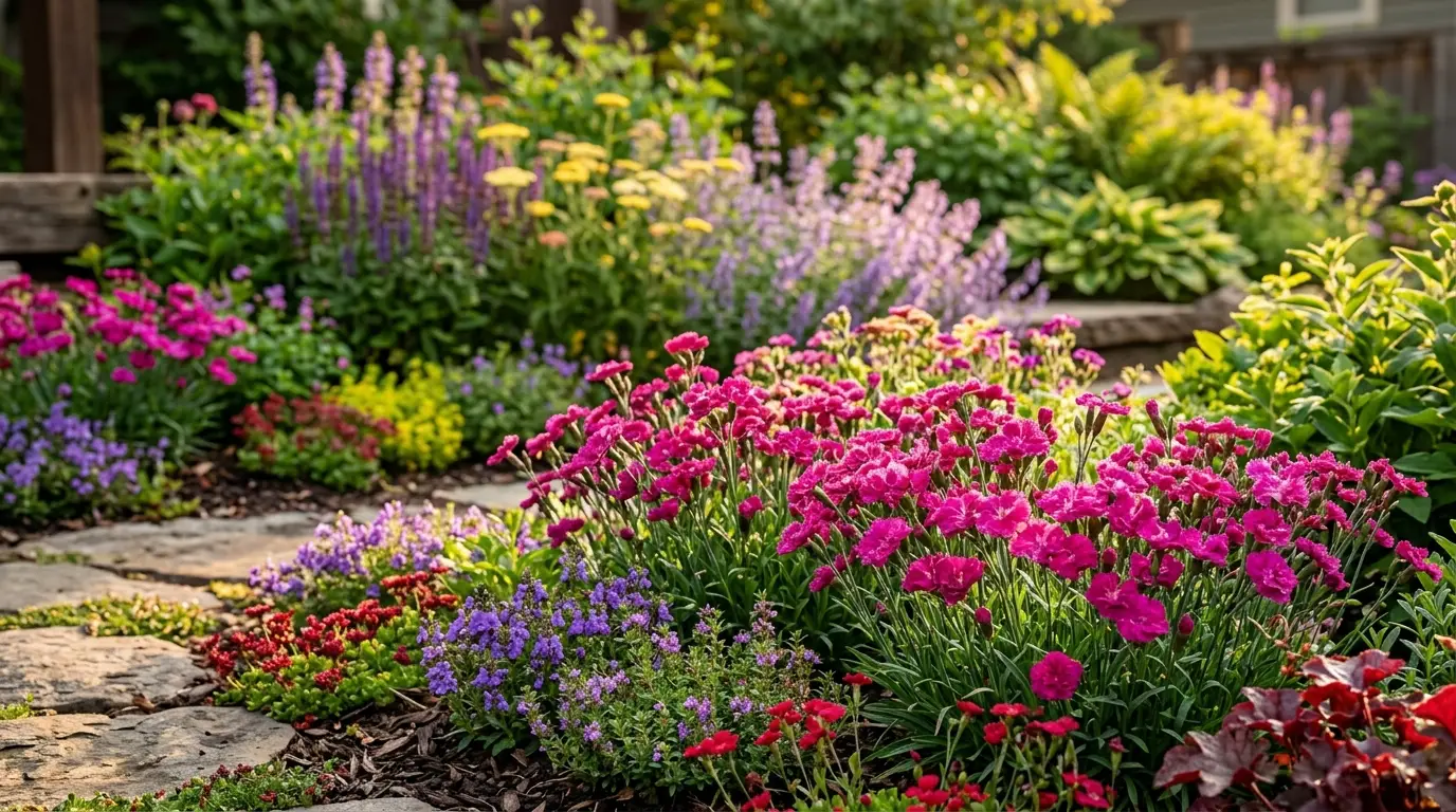 Close-up of magenta-pink dianthus and low-lying purple flowers in a lush craftsman garden at golden hour.