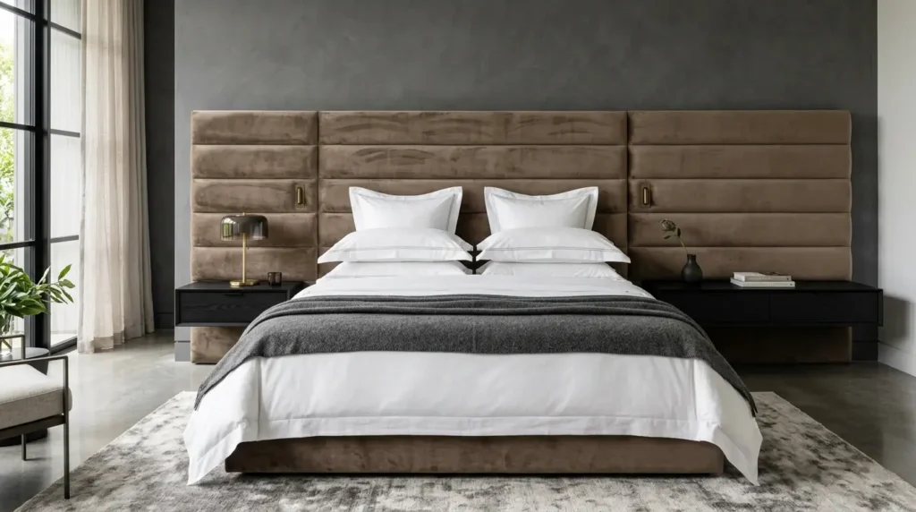 Oversized taupe velvet upholstered headboard with floating black oak nightstands in a luxury bedroom.