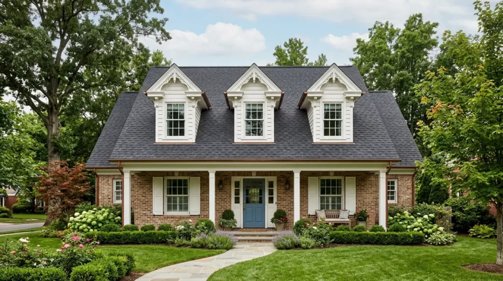 Classic house roofline featuring three elegant dormer windows to create the illusion of a second story