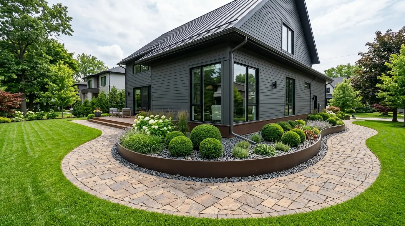 Curved dark brown garden edging sweeping away from a matching house baseboard at the corner of a modern home.