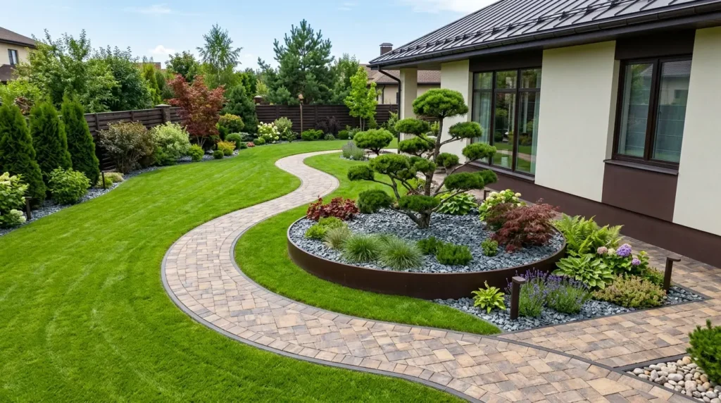 Un chemin en pierre imbriquée brune et grise, en forme de S, traverse une pelouse d'un vert éclatant dans la cour latérale d'une maison couleur crème. Un chemin en pierre imbriquée brune et grise, en forme de S, traverse une pelouse d'un vert éclatant dans la cour latérale d'une maison couleur crème.