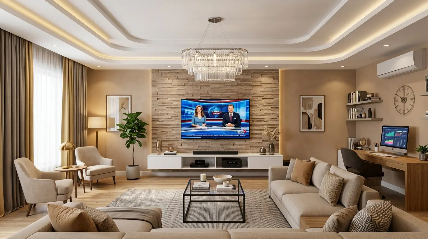 Contemporary living room showcasing a stepped-ledge false ceiling, linear cut stack-stone media wall, a floating white console, and a dedicated oak wood home office space. Contemporary living room showcasing a stepped-ledge false ceiling, linear cut stack-stone media wall, a floating white console, and a dedicated oak wood home office space.