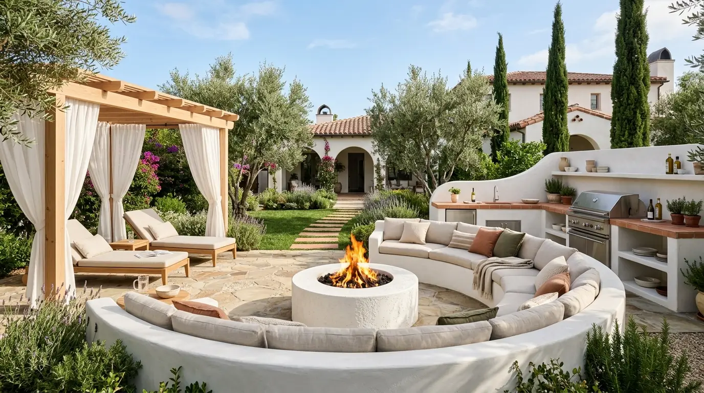 A Mediterranean-style outdoor patio featuring whitewashed stucco circular seating, an outdoor kitchen, and a fire pit surrounded by olive trees.