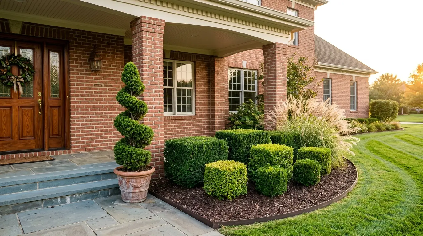 A traditional entryway with brick pillars, a wood door, a spiral topiary, and sharply pruned cubic green shrubs set in dark mulch.