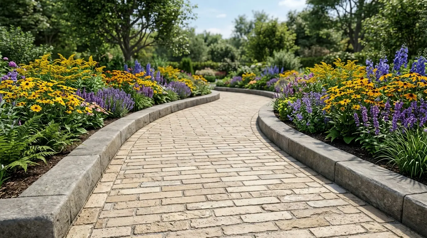 A light beige brick path curving through a modern garden with gray stone-bordered beds.