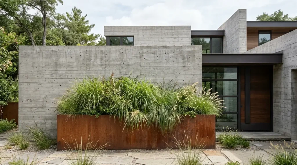 Board-formed concrete exterior wall with a Corten steel planter box and ornamental grasses.