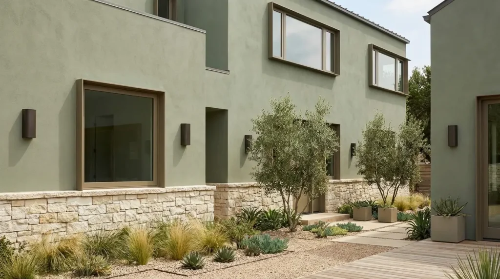 Sage green modern house facade with dry-stacked limestone and matte bronze window frames. Sage green modern house facade with dry-stacked limestone and matte bronze window frames.