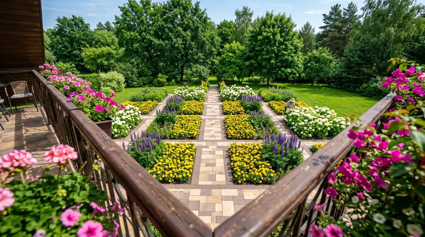 View from a balcony looking down at a geometric garden with stone tiles and vibrant flower beds.