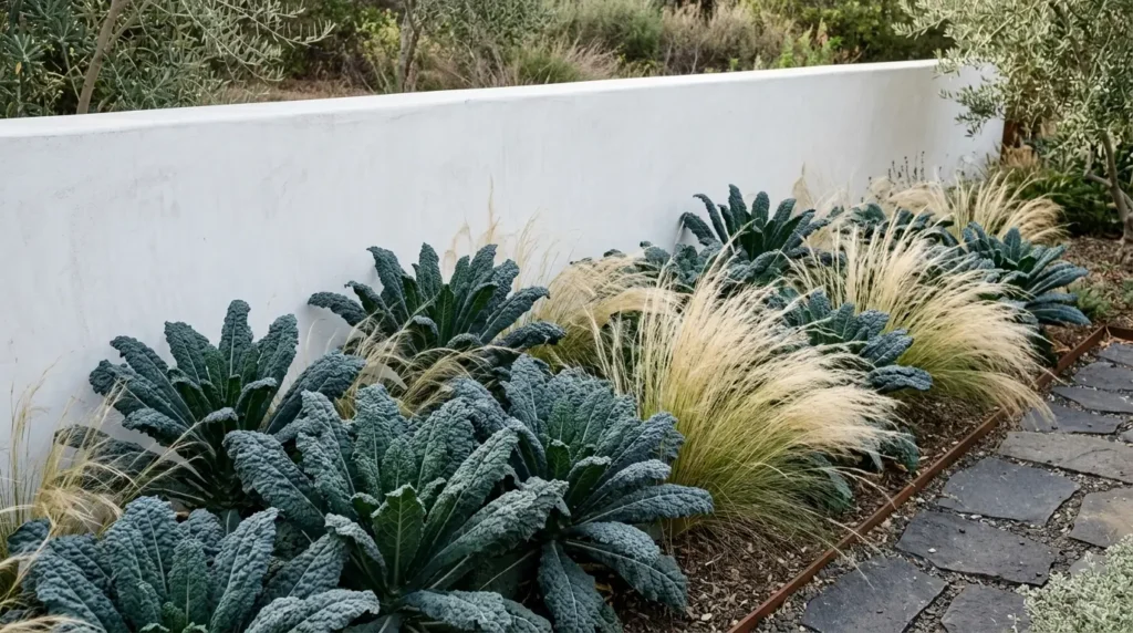 Tuscan kale used as a structural landscape plant alongside ornamental grasses against a white stucco wall. Tuscan kale used as a structural landscape plant alongside ornamental grasses against a white stucco wall.