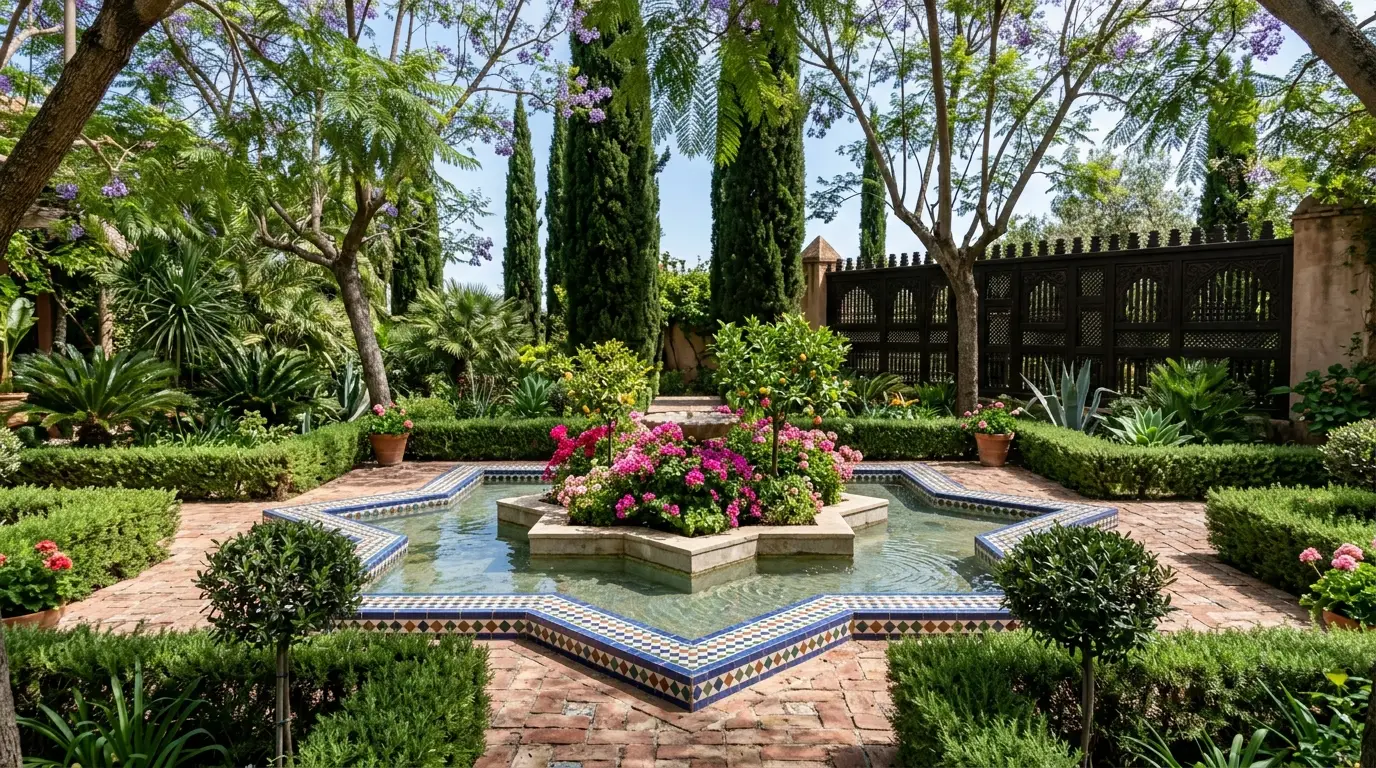 Reclaimed rustic red brick pathways bordered with colorful mosaic tiles winding through an Andalusian backyard garden.