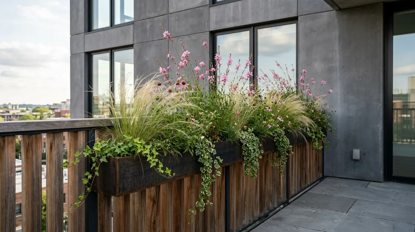 A wild, meadow-like arrangement of airy pink flowers and grasses on a modern balcony.