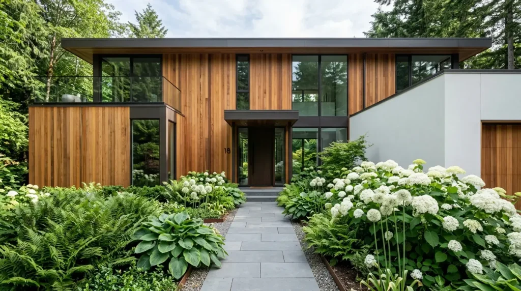 Modern organic home with vertical cedar wood siding paired with a monochromatic green and white flower garden. Modern organic home with vertical cedar wood siding paired with a monochromatic green and white flower garden.
