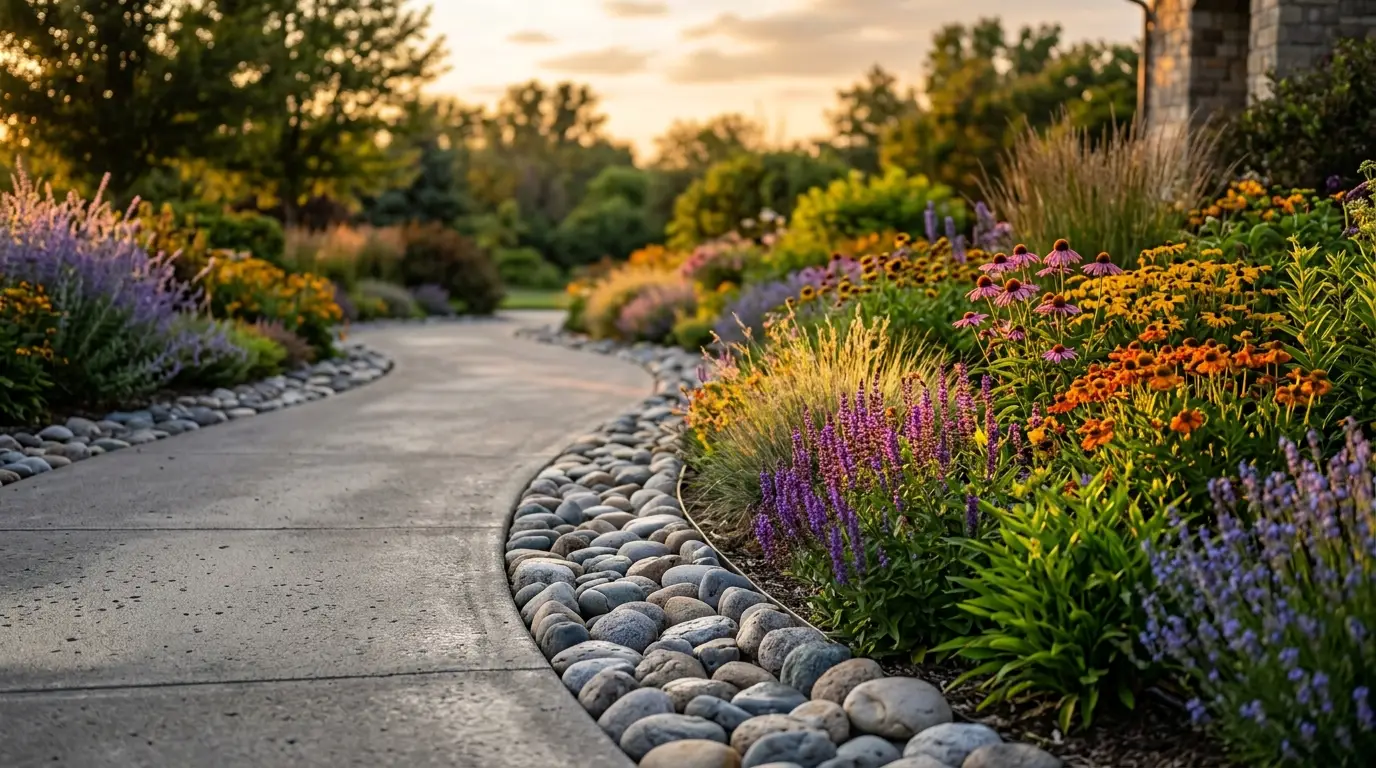 A curving concrete garden path bordered by smooth river stones and dense, colorful flower beds.