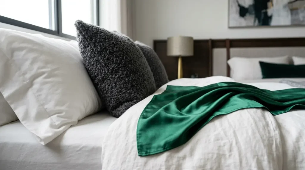 Close-up of luxury bedding textures featuring white cotton, charcoal boucle, and emerald silk.