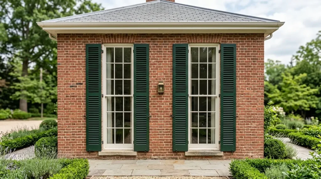 Tall narrow double-hung windows with dark shutters on a classic brick house exterior