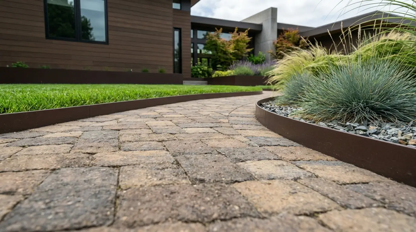 Low angle close-up of brown and grey interlocking paving stones, green lawn, and dark brown garden edging matching the house trim.