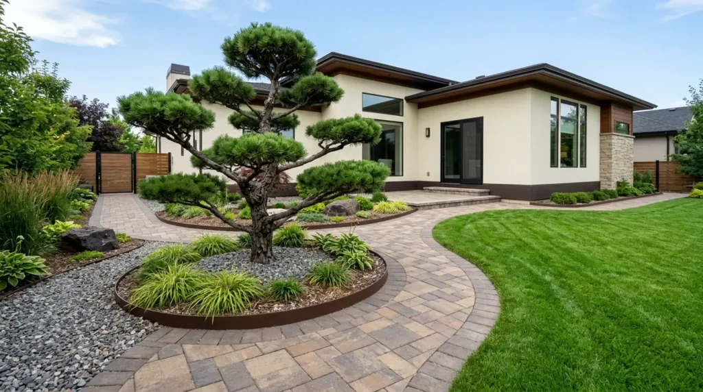 Gros plan sur un arbre Niwaki sculpté, planté dans un parterre de rocaille grise aux bordures brun foncé, situé dans une cour latérale moderne. Gros plan sur un arbre Niwaki sculpté, planté dans un parterre de rocaille grise aux bordures brun foncé, situé dans une cour latérale moderne.