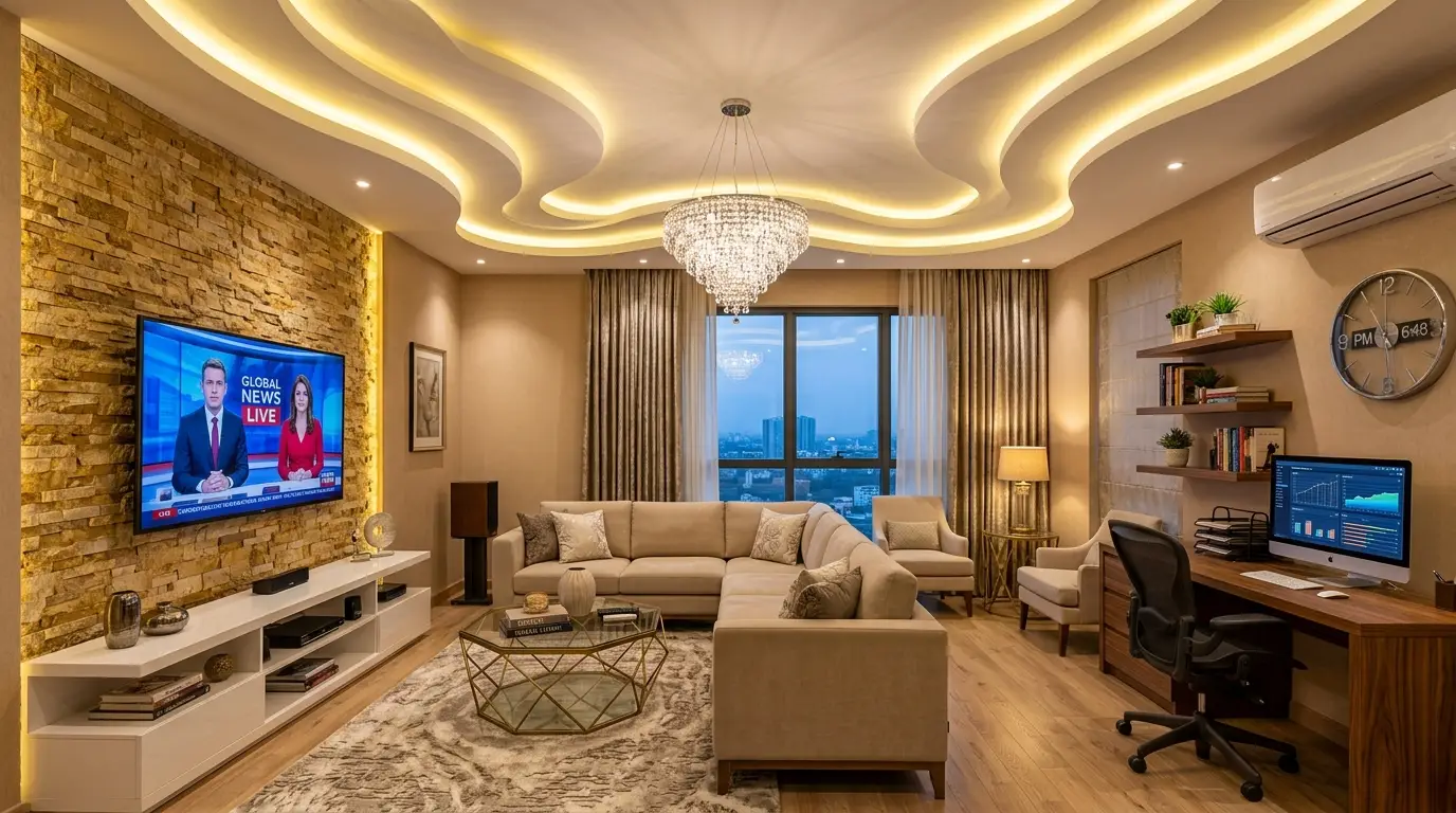 Warm modern living room glowing with LED cove lighting, featuring a golden-tan stack-stone media wall, a beige fabric L-shaped sofa, and a rich walnut desk setup. Warm modern living room glowing with LED cove lighting, featuring a golden-tan stack-stone media wall, a beige fabric L-shaped sofa, and a rich walnut desk setup.