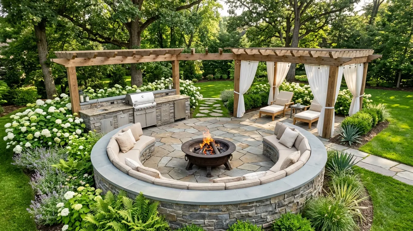 A rustic yet luxurious backyard setup featuring stacked flagstone curved seating, a built-in outdoor kitchen, and a heavy timber pergola.