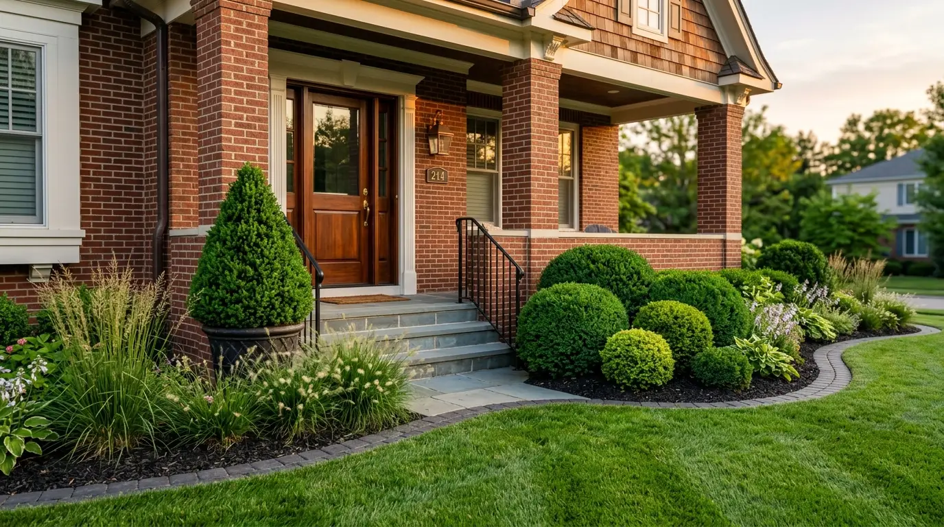 A traditional home exterior featuring a sharp conical pyramid topiary, brick pillars, spherical green shrubs, and a warm-wood front door.