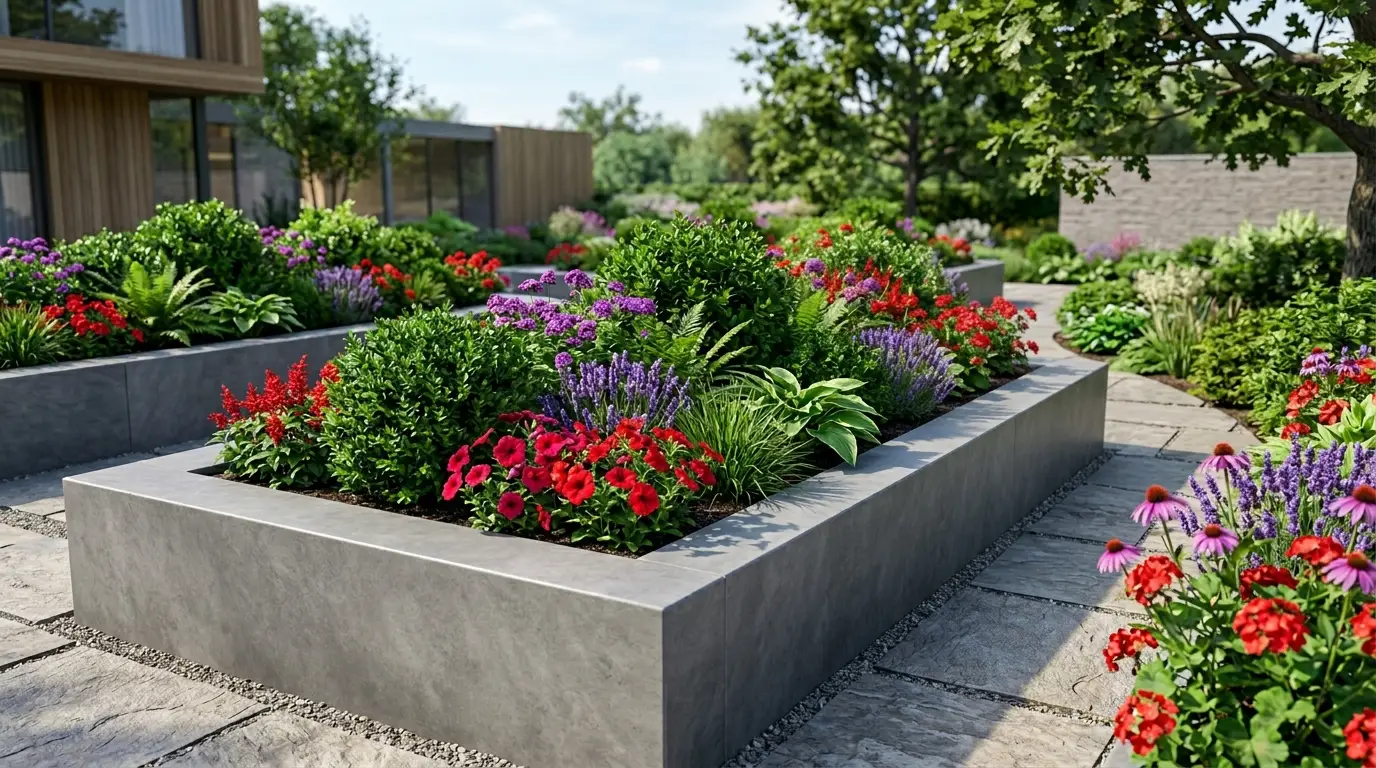 Elevated garden beds with smooth gray stone borders and vibrant flowers.