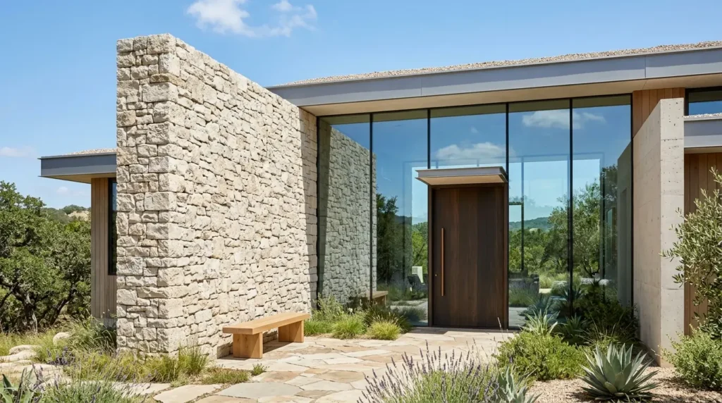 Modern house front elevation featuring a dry-stacked natural limestone accent wall and frameless glass.