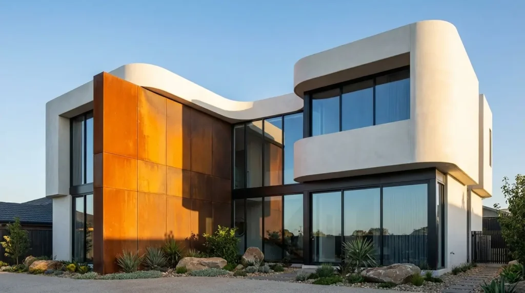 Bone white modern exterior featuring a rusted Corten steel accent wall and expansive glass panels. Bone white modern exterior featuring a rusted Corten steel accent wall and expansive glass panels.