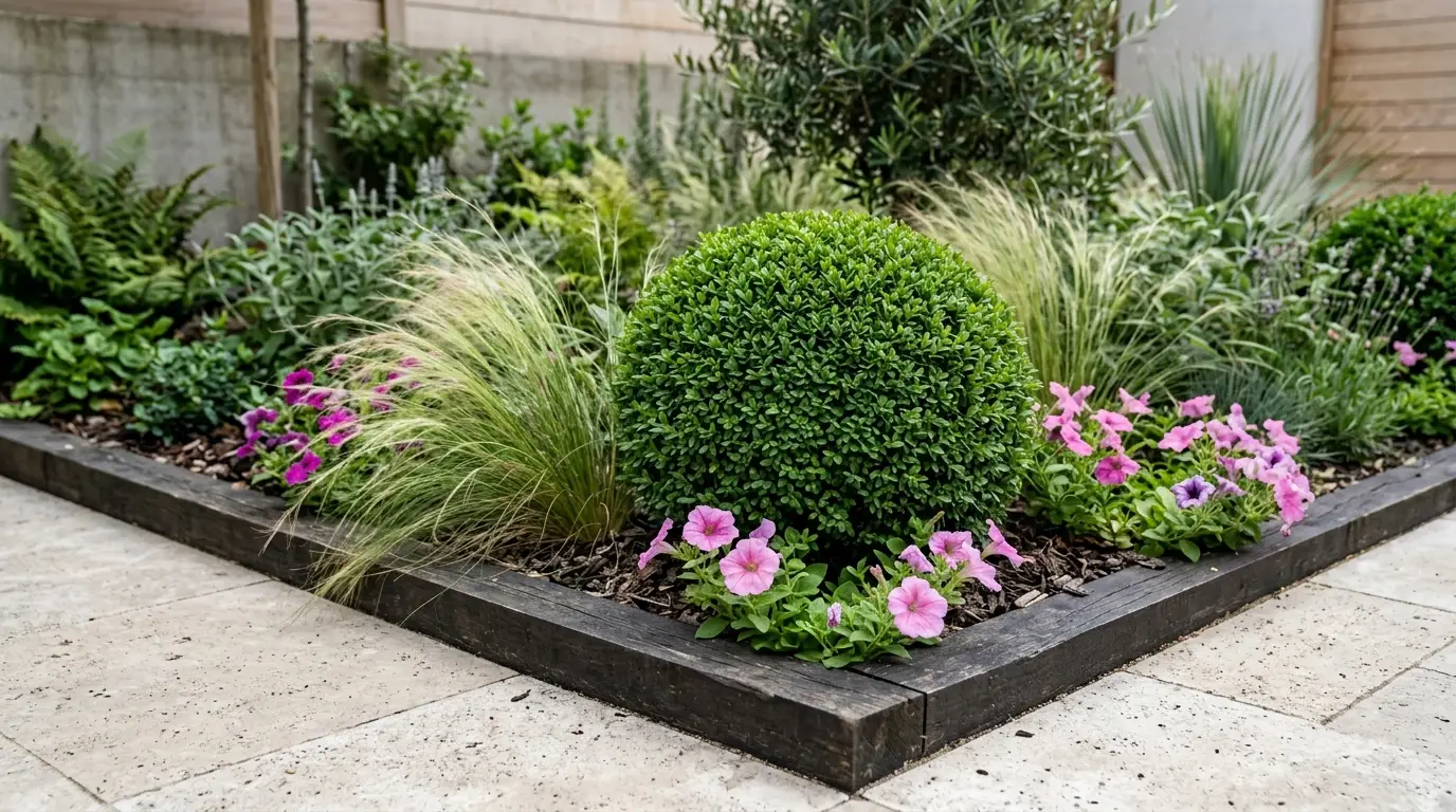 Detailed view of a spherical plant and ornamental grasses in a modern wooden garden bed.