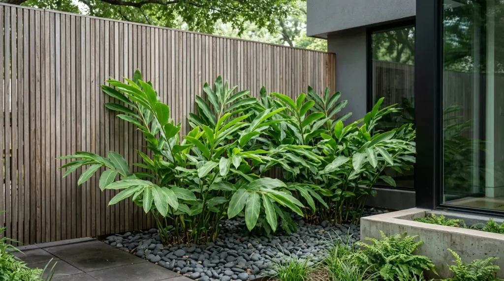 Tall, broad-leafed edible ginger plants growing in a minimalist landscape bed against a cedar wood fence. Tall, broad-leafed edible ginger plants growing in a minimalist landscape bed against a cedar wood fence.