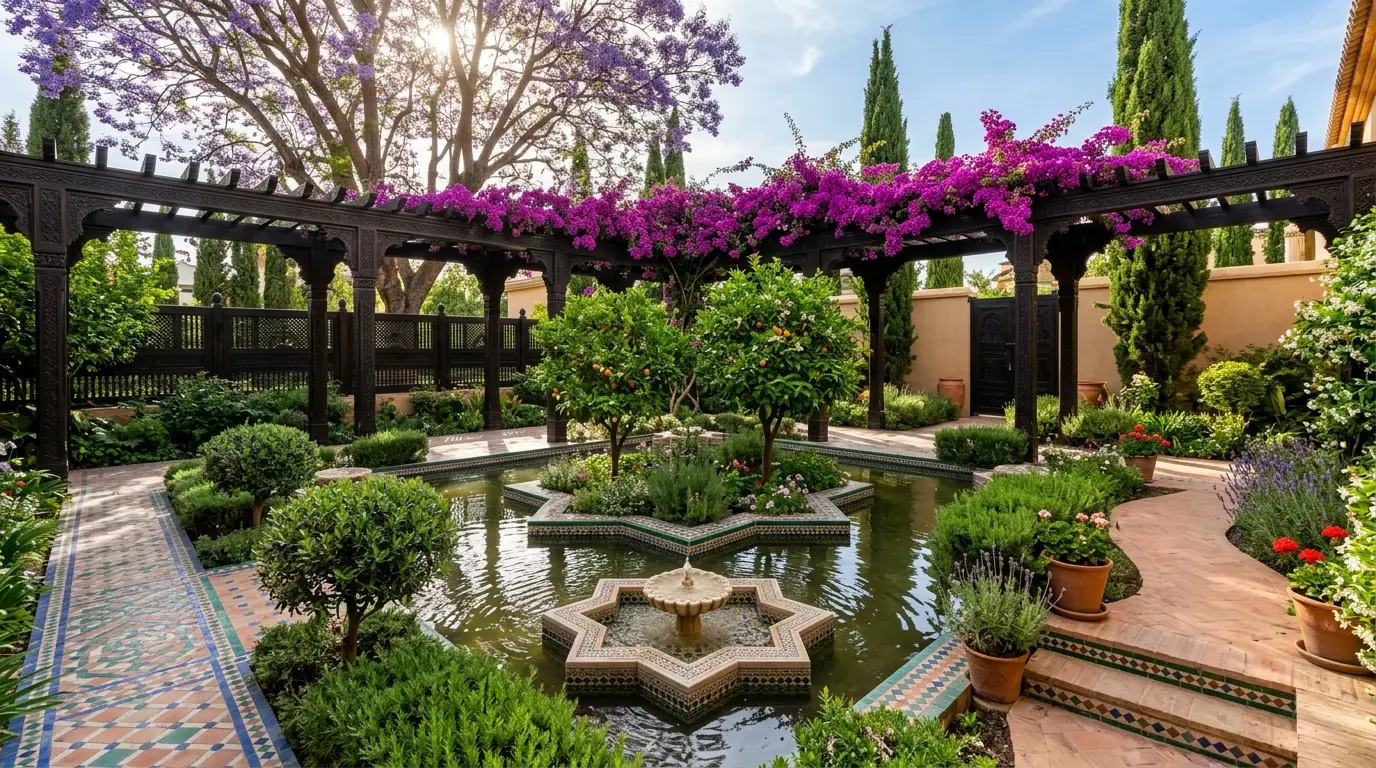 A large dark carved wooden pergola covered in magenta bougainvillea shading a star-shaped pond in a Mediterranean backyard.
