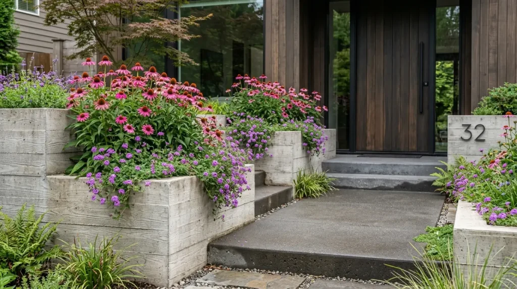 Built-in concrete planter boxes on a modern house foundation overflowing with pink and purple flowers. Built-in concrete planter boxes on a modern house foundation overflowing with pink and purple flowers.