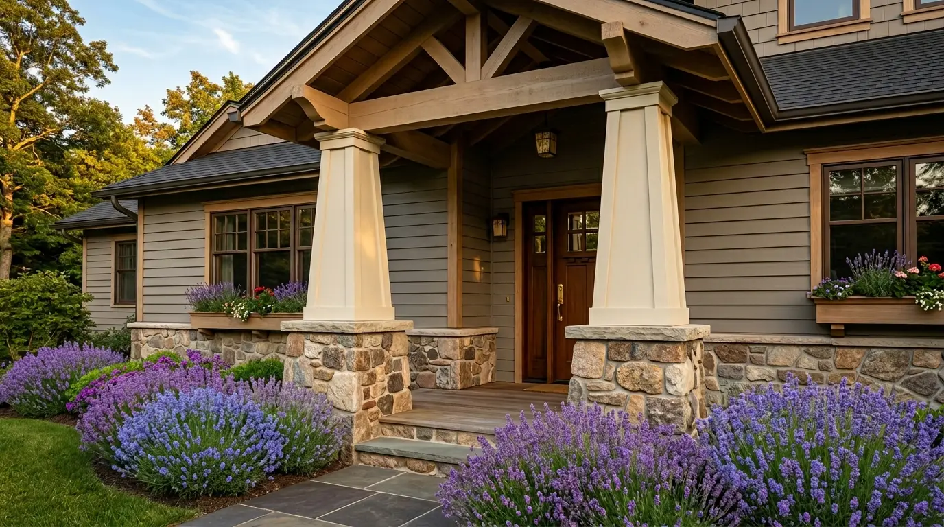 Tapered craftsman porch columns with stone bases surrounded by lush garden plants and hydrangeas.