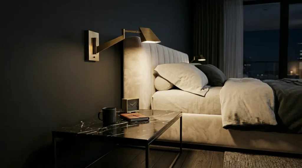 Black marble nightstand and brushed brass wall sconce contrasting with a cream velvet bed frame.