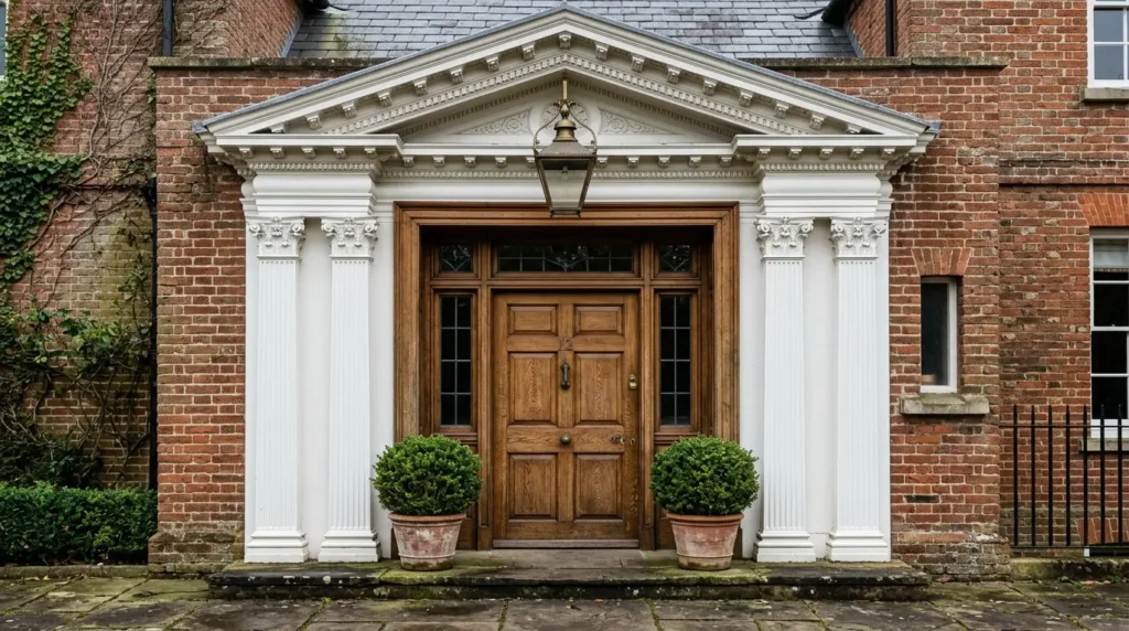 Grand classic house entrance featuring a stately triangular pediment and white pilasters