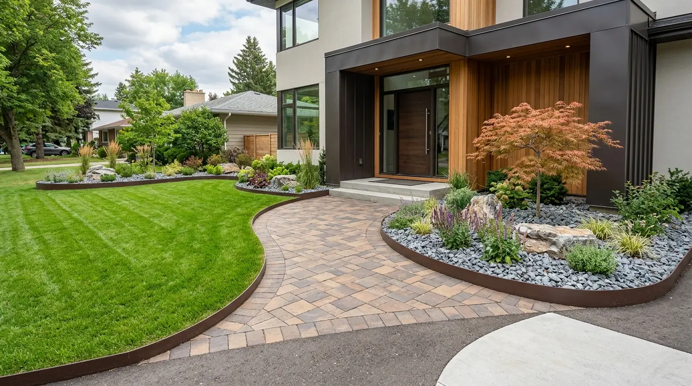 A stone pathway leading to a house entrance, flanked by grey rock garden beds with dark brown borders matching the house foundation.